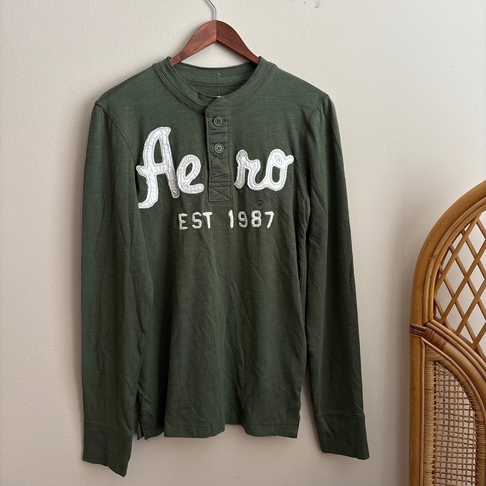 Vtg Y2K Mall Core Aeropostle Embroidered Logo Button Henley Long Sleeve Shirt
